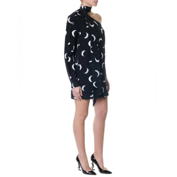 Saint Laurent Tie-Neck One-Sleeve Moon-Print Short Silk Dress - Picture 3 of 15